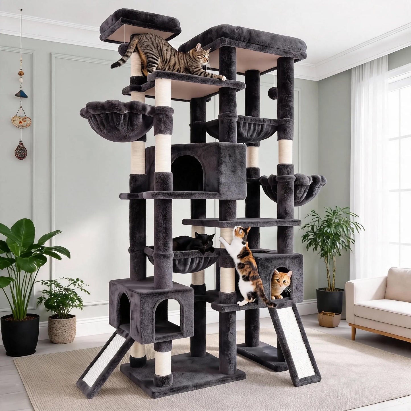 SHA CERLIN 87" Cat Tree Tower, Large Multi-Level Heavy Duty Cat Condo Mansion for Indoor Large Cats & Kittens, Plush Pets Activity Center Playground with Sisal Scratching Posts & Hammocks