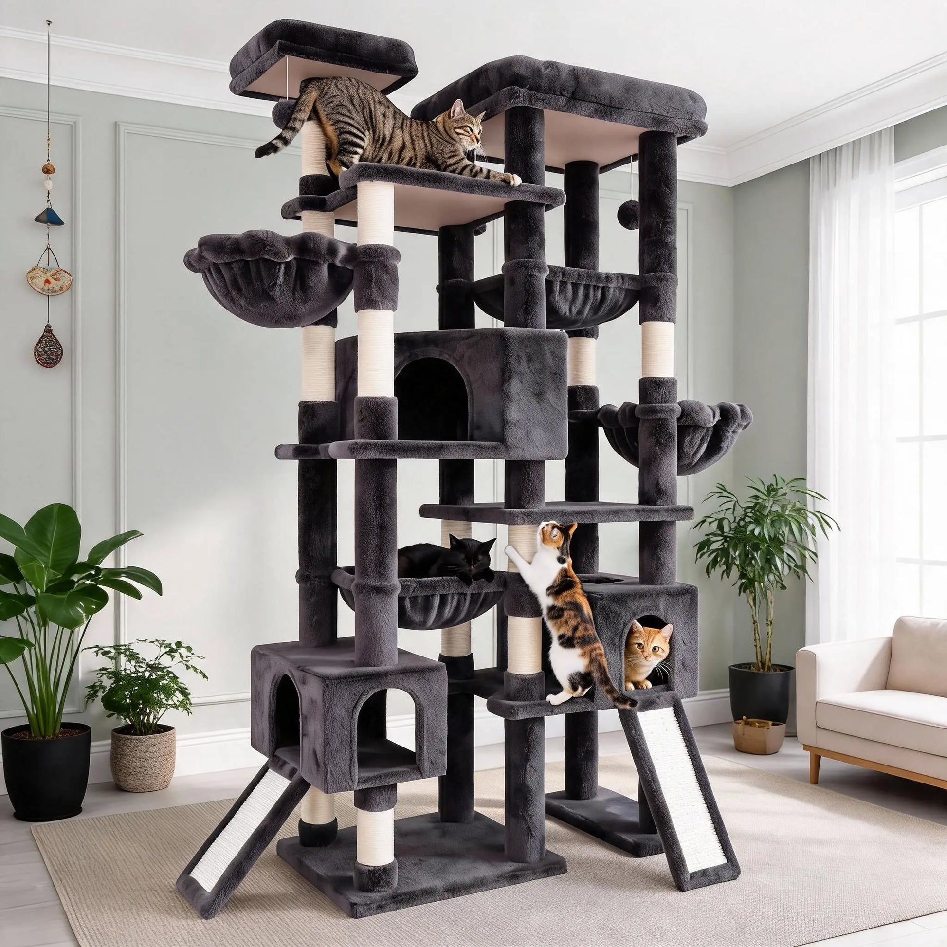 SHA CERLIN 87" Cat Tree Tower, Large Multi-Level Heavy Duty Cat Condo Mansion for Indoor Large Cats & Kittens, Plush Pets Activity Center Playground with Sisal Scratching Posts & Hammocks