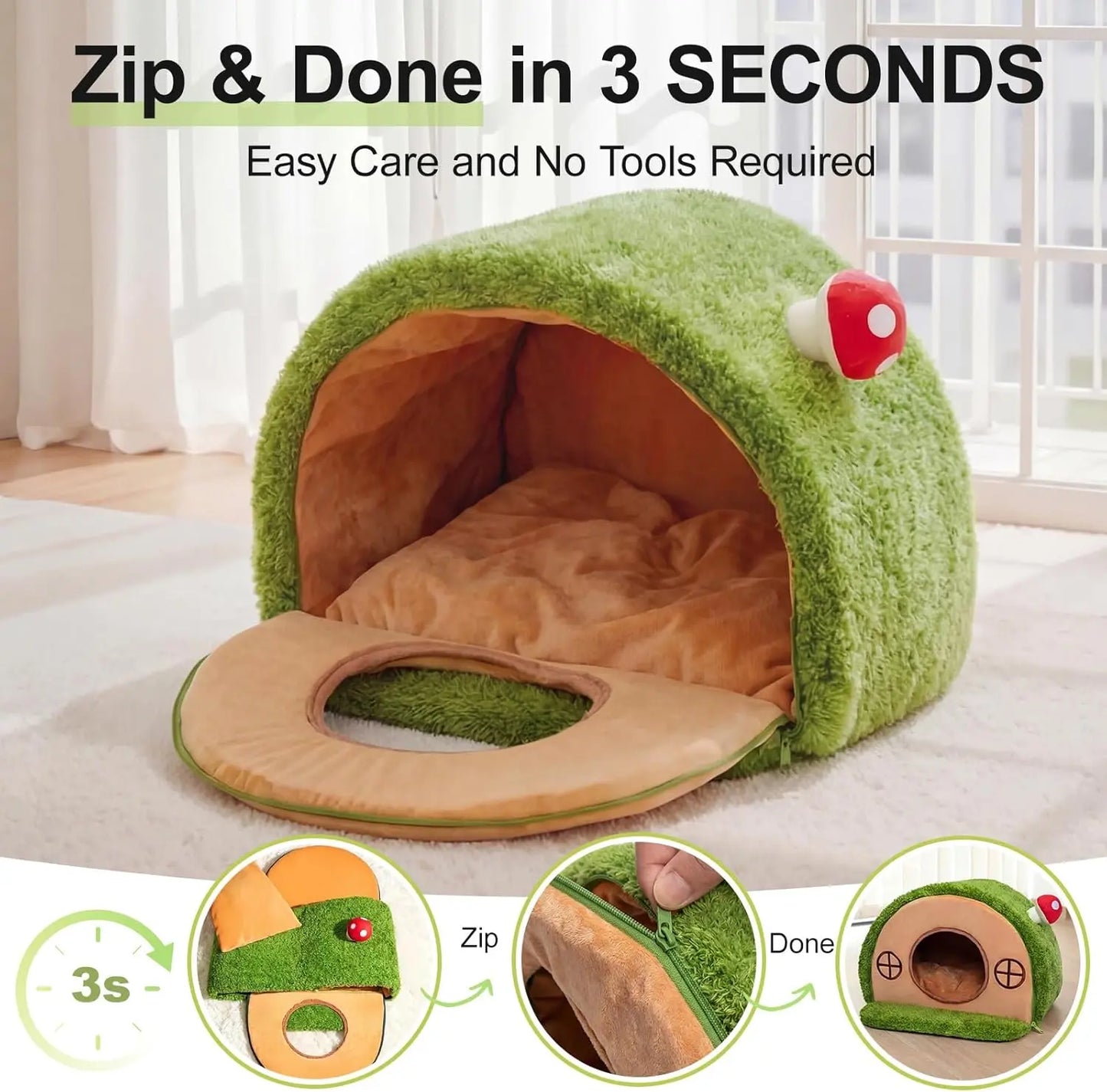 Crystal Velvet Enclosed Cat Bed with Removable Cushion and Anti-Slip Bottom for Indoor Use