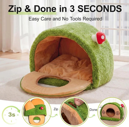 Crystal Velvet Enclosed Cat Bed with Removable Cushion and Anti-Slip Bottom for Indoor Use
