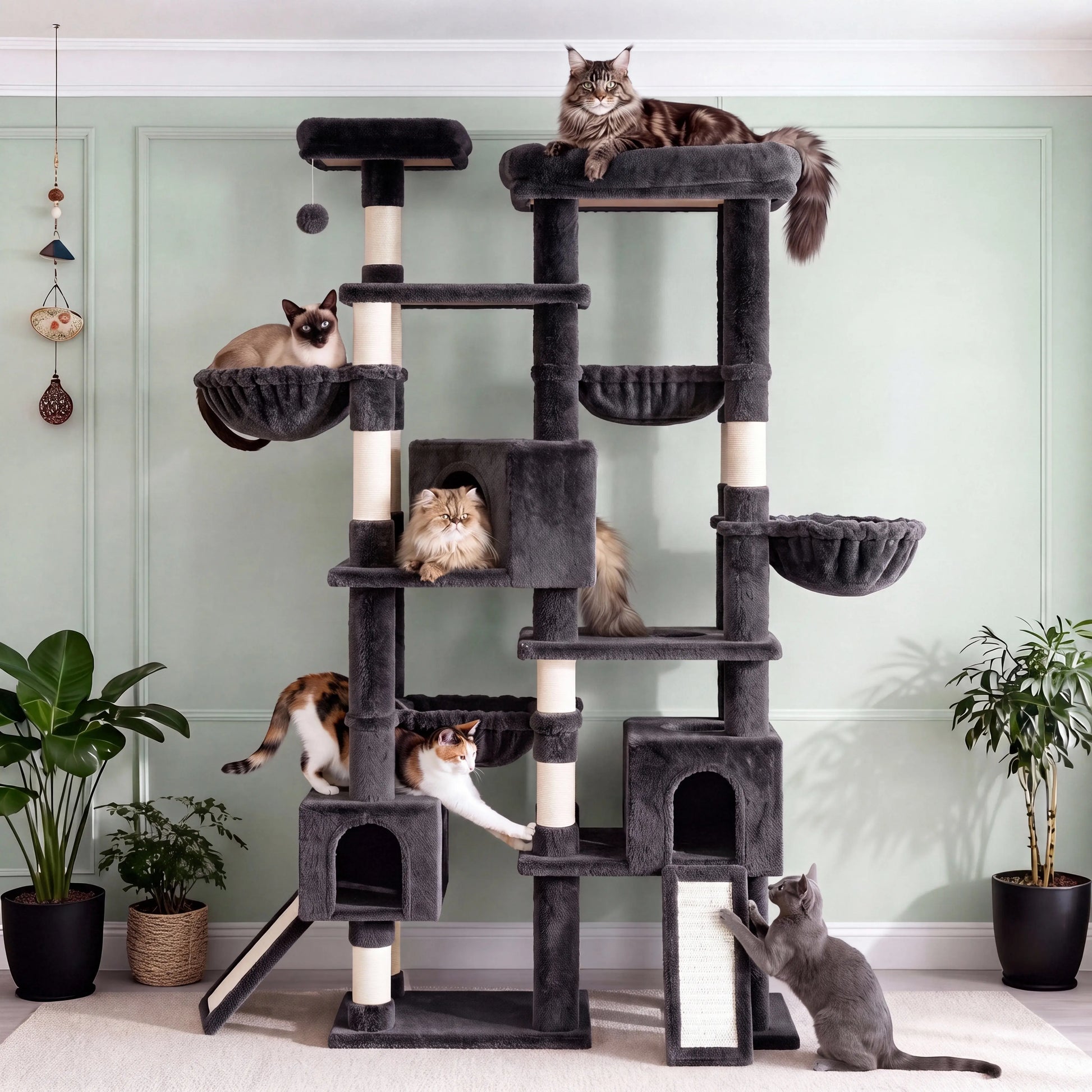 SHA CERLIN 87" Cat Tree Tower, Large Multi-Level Heavy Duty Cat Condo Mansion for Indoor Large Cats & Kittens, Plush Pets Activity Center Playground with Sisal Scratching Posts & Hammocks