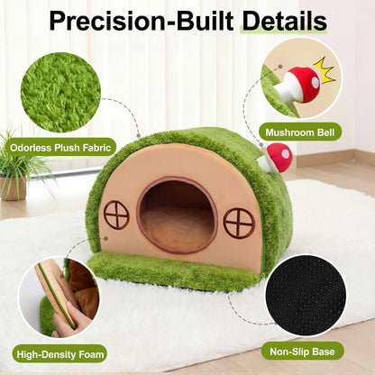 Crystal Velvet Enclosed Cat Bed with Removable Cushion and Anti-Slip Bottom for Indoor Use