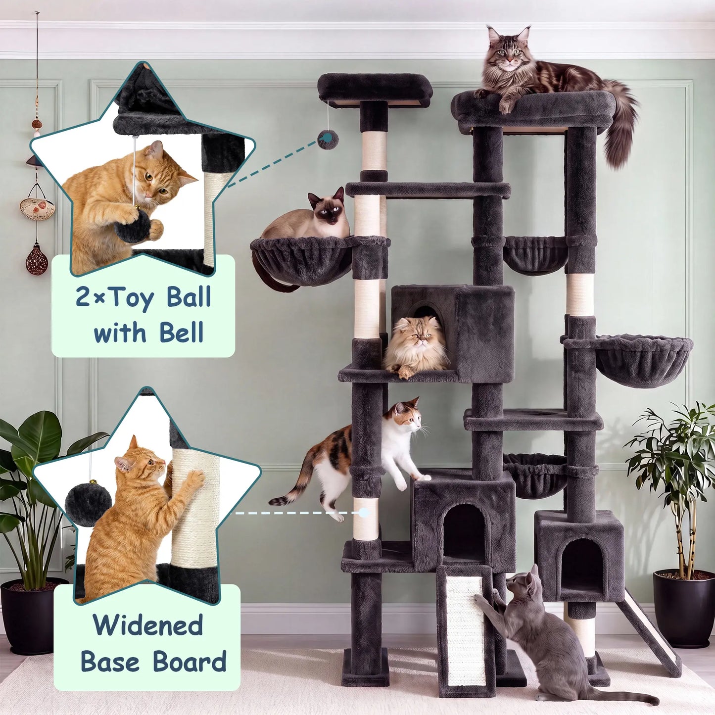 SHA CERLIN 87" Cat Tree Tower, Large Multi-Level Heavy Duty Cat Condo Mansion for Indoor Large Cats & Kittens, Plush Pets Activity Center Playground with Sisal Scratching Posts & Hammocks