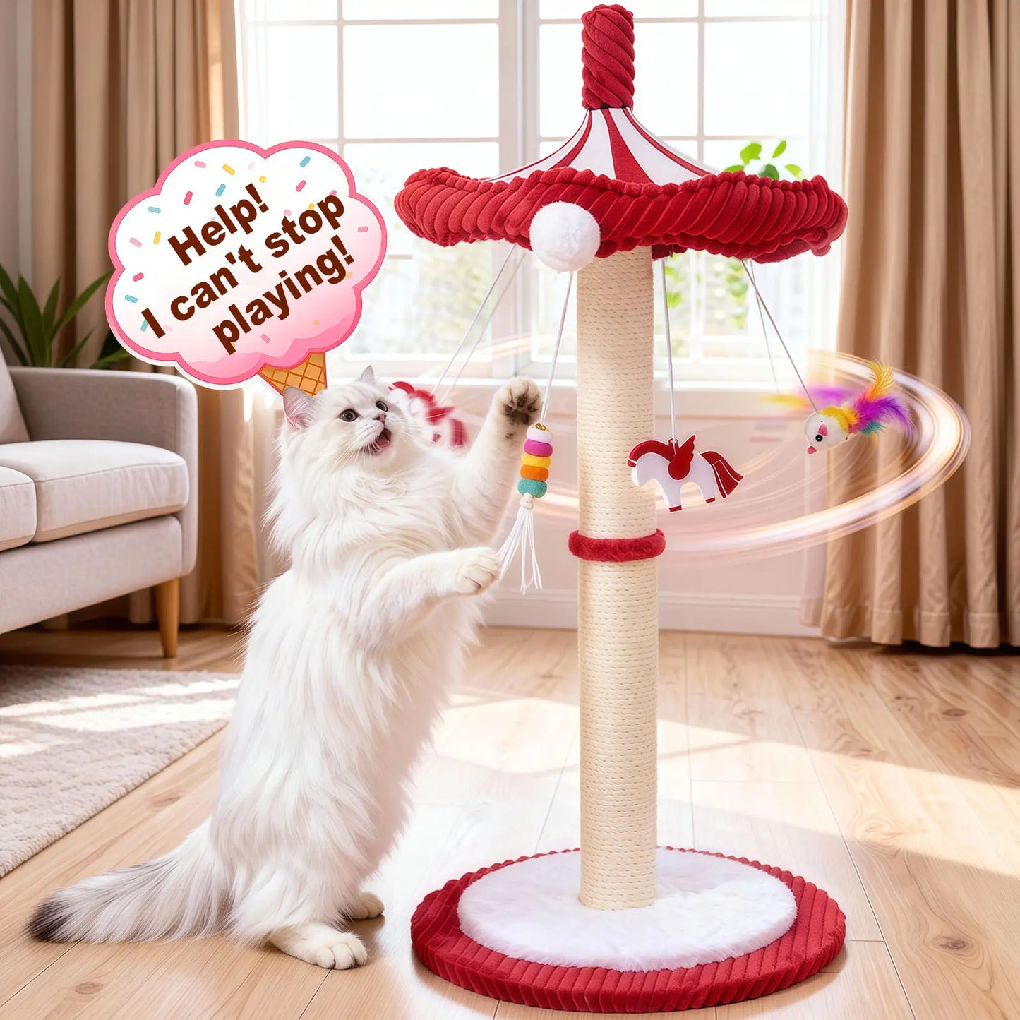 Sisal Cat Scratching Post with Interactive Circus Umbrella Toy for Indoor Kittens and Adult Cats