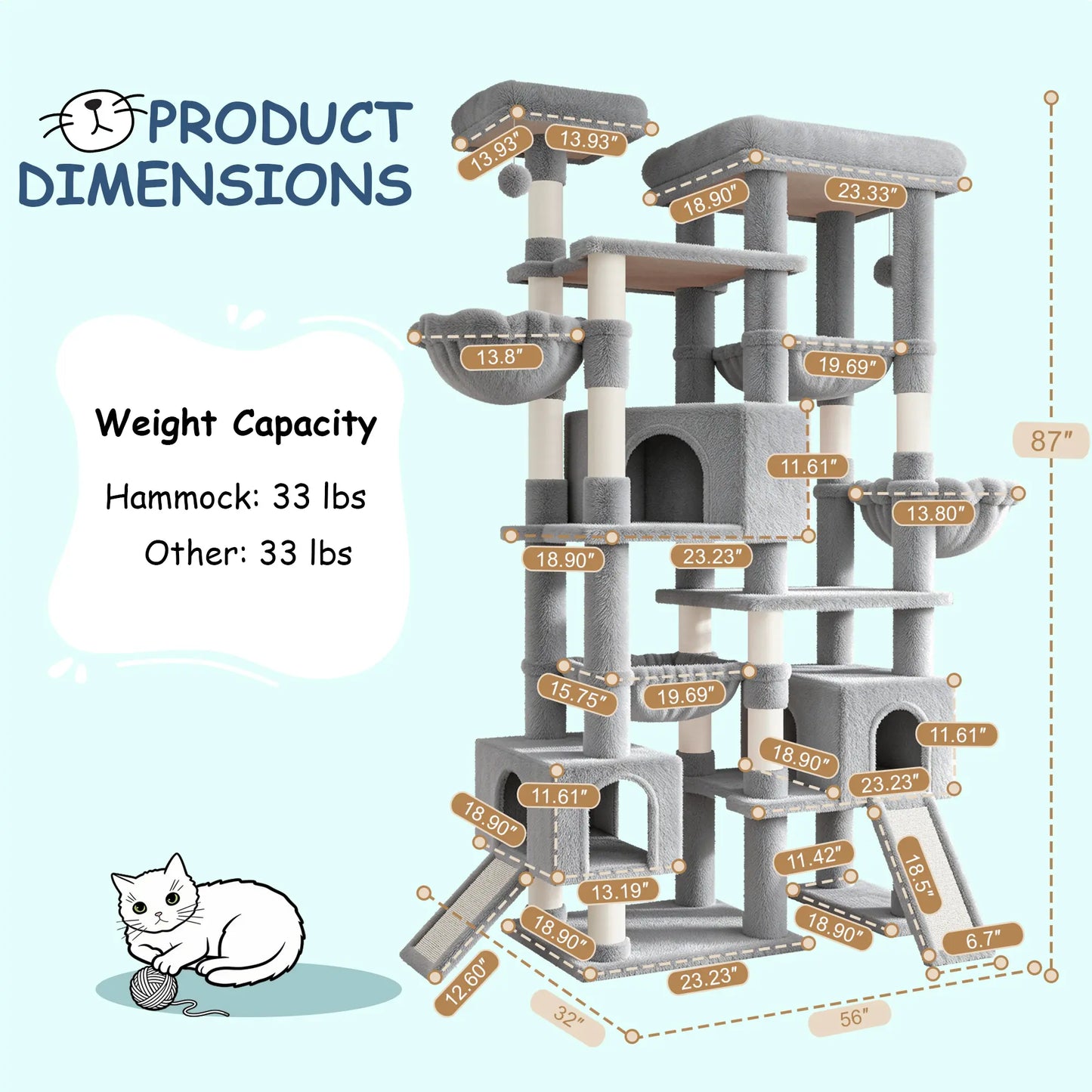 SHA CERLIN 87" Cat Tree Tower, Large Multi-Level Heavy Duty Cat Condo Mansion for Indoor Large Cats & Kittens, Plush Pets Activity Center Playground with Sisal Scratching Posts & Hammocks