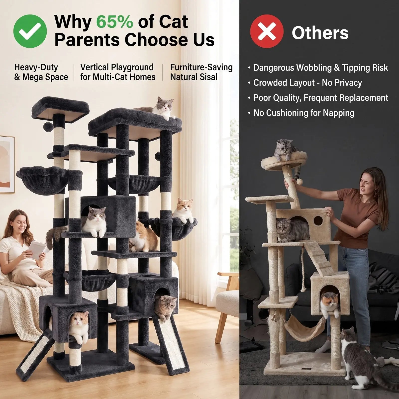 SHA CERLIN 87" Cat Tree Tower, Large Multi-Level Heavy Duty Cat Condo Mansion for Indoor Large Cats & Kittens, Plush Pets Activity Center Playground with Sisal Scratching Posts & Hammocks