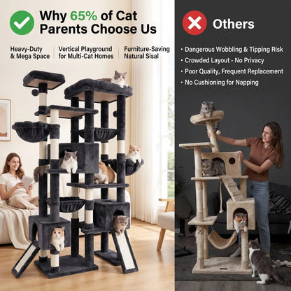 SHA CERLIN 87" Cat Tree Tower, Large Multi-Level Heavy Duty Cat Condo Mansion for Indoor Large Cats & Kittens, Plush Pets Activity Center Playground with Sisal Scratching Posts & Hammocks