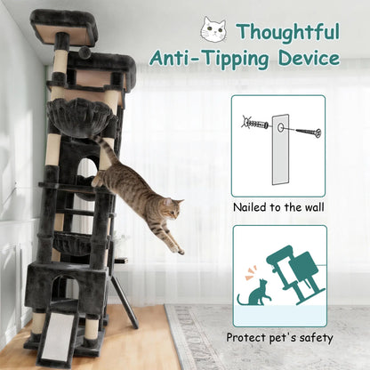 SHA CERLIN 87" Cat Tree Tower, Large Multi-Level Heavy Duty Cat Condo Mansion for Indoor Large Cats & Kittens, Plush Pets Activity Center Playground with Sisal Scratching Posts & Hammocks