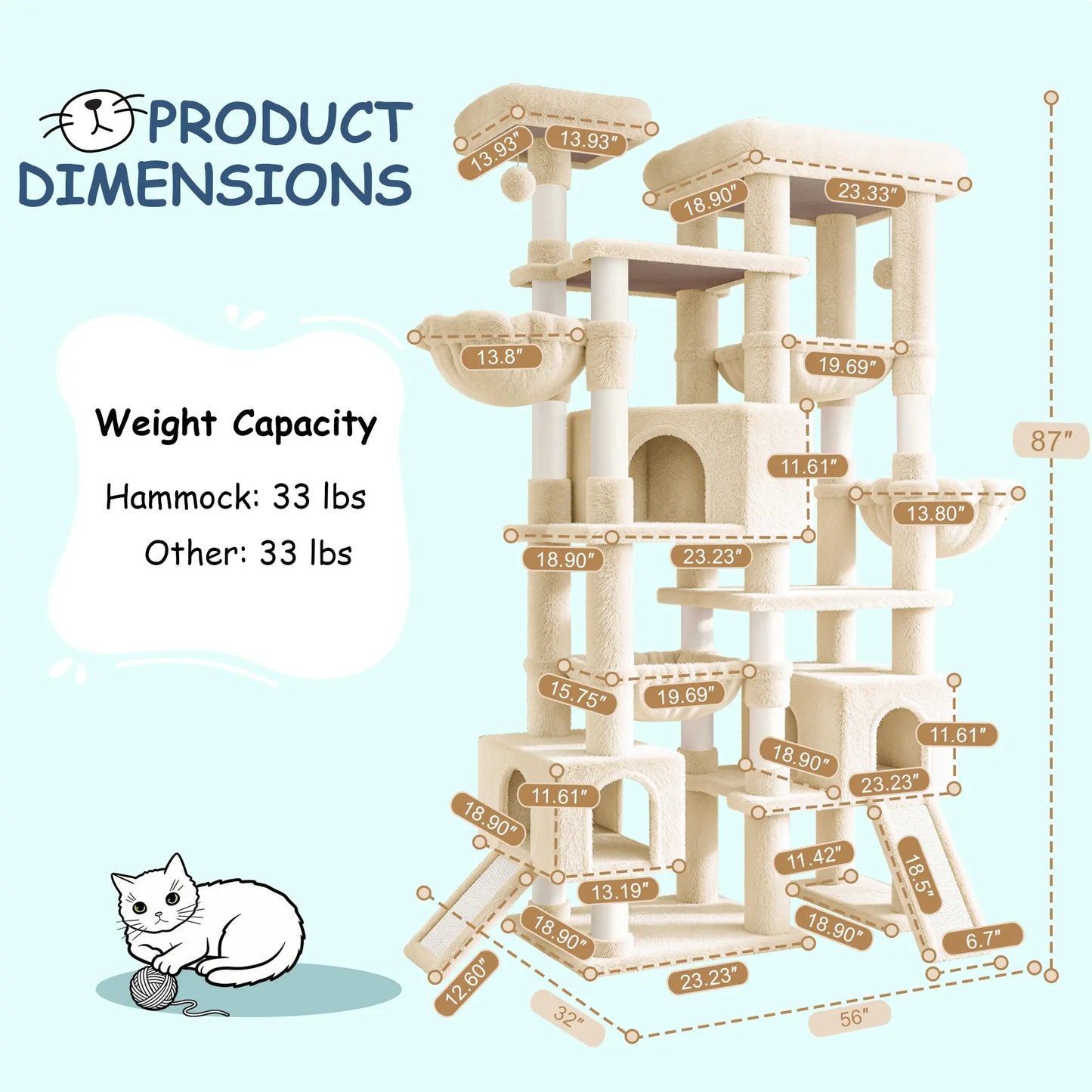 SHA CERLIN 87" Cat Tree Tower, Large Multi-Level Heavy Duty Cat Condo Mansion for Indoor Large Cats & Kittens, Plush Pets Activity Center Playground with Sisal Scratching Posts & Hammocks