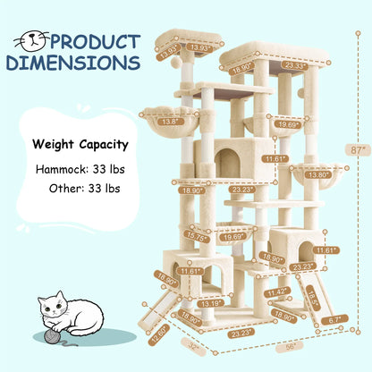 SHA CERLIN 87" Cat Tree Tower, Large Multi-Level Heavy Duty Cat Condo Mansion for Indoor Large Cats & Kittens, Plush Pets Activity Center Playground with Sisal Scratching Posts & Hammocks