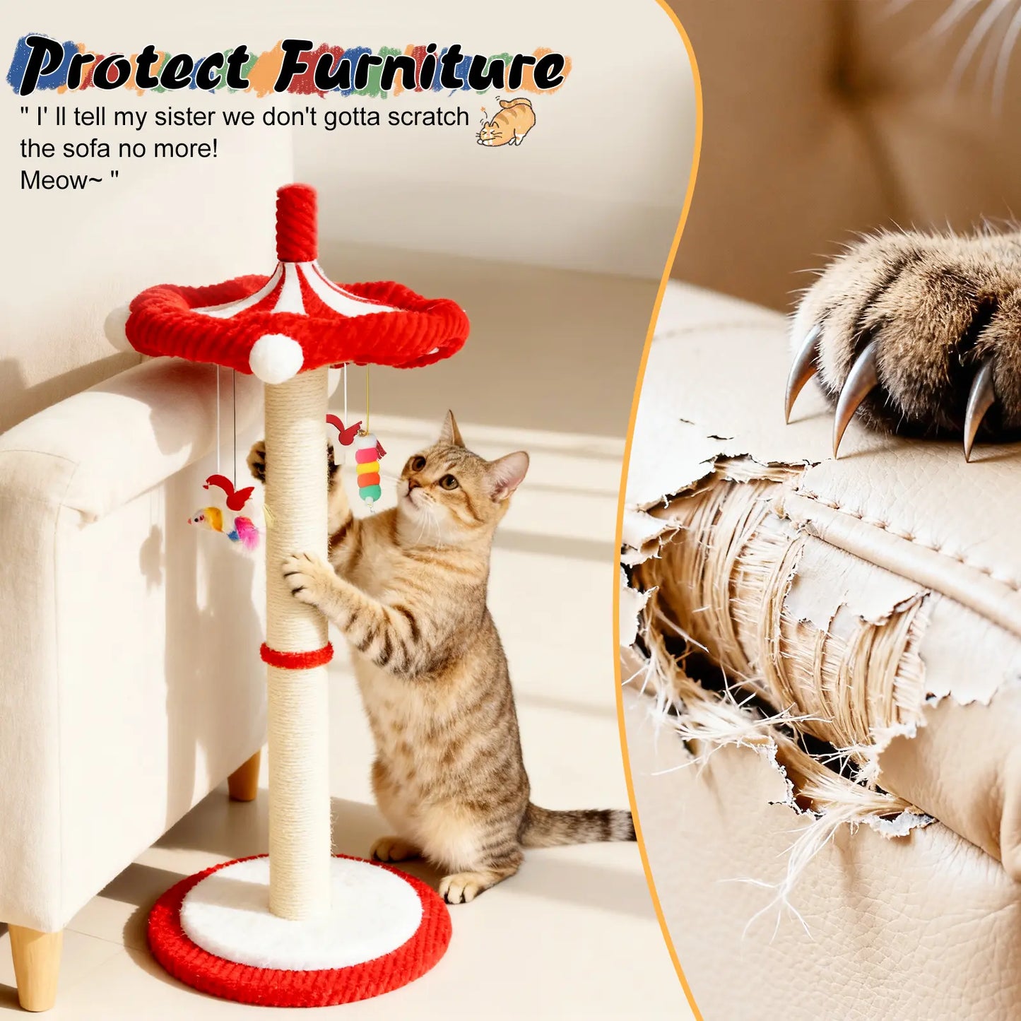 Sisal Cat Scratching Post with Interactive Circus Umbrella Toy for Indoor Kittens and Adult Cats