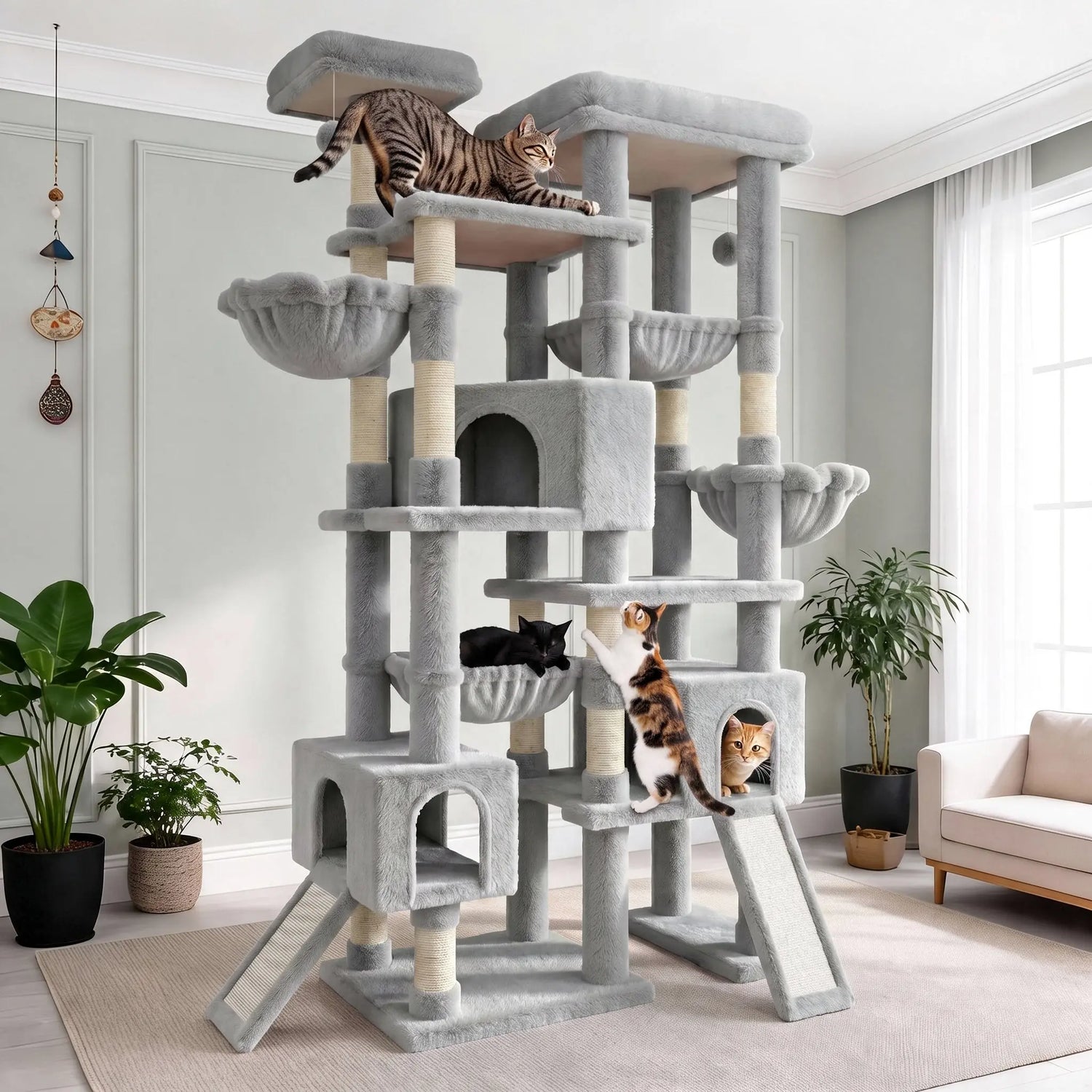 SHA CERLIN 87" Cat Tree Tower, Large Multi-Level Heavy Duty Cat Condo Mansion for Indoor Large Cats & Kittens, Plush Pets Activity Center Playground with Sisal Scratching Posts & Hammocks