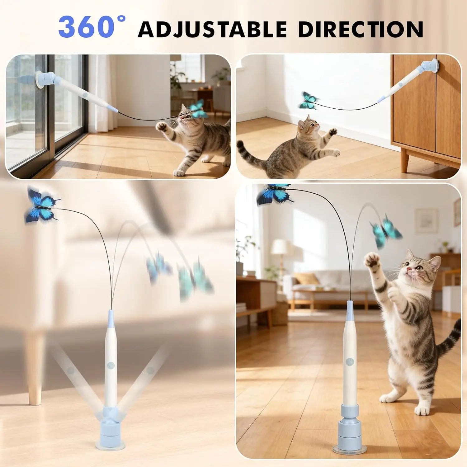 Interactive Cat Toy – Automatic Butterfly Toy with 360° Spin & Random Jump, USB Rechargeable, Dual Play Modes (Self-Play + Handheld), Strong Suction Cup Base – Perfect for Indoor Cats & Kittens Wand