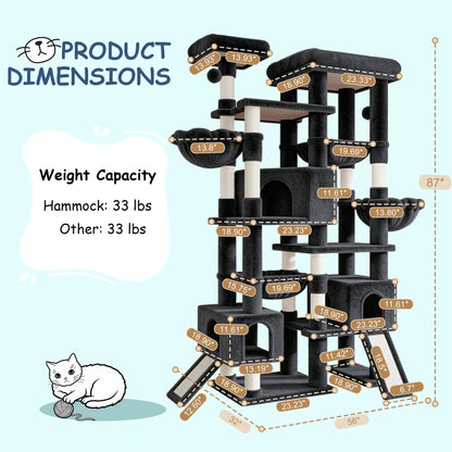 SHA CERLIN 87" Cat Tree Tower, Large Multi-Level Heavy Duty Cat Condo Mansion for Indoor Large Cats & Kittens, Plush Pets Activity Center Playground with Sisal Scratching Posts & Hammocks