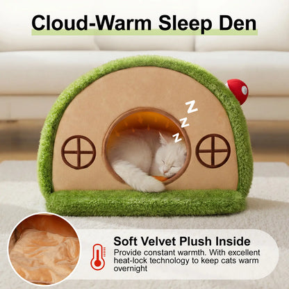 Crystal Velvet Enclosed Cat Bed with Removable Cushion and Anti-Slip Bottom for Indoor Use