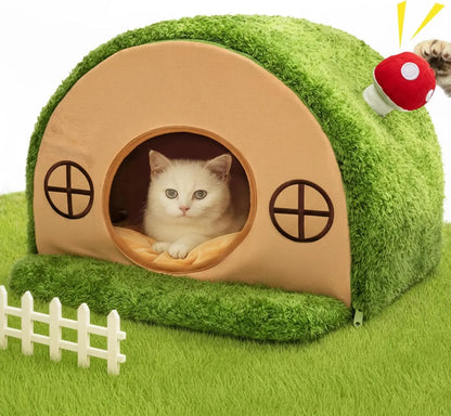 Crystal Velvet Enclosed Cat Bed with Removable Cushion and Anti-Slip Bottom for Indoor Use
